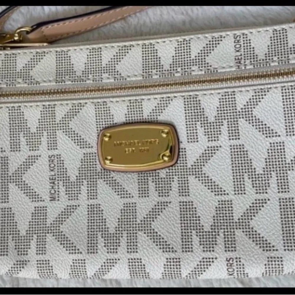 Michael Kors White Logo Canvas Wristlet with Gold Hardware